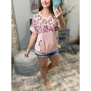 ❤️‍🔥Leopard Color Block Scoop Neck Ribbed Kangaroo Pocket Pink 0422